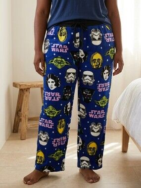 Women's XL Star Wars Pajama Pants Blue Fleece Lounge Sleep Wear Yoda Leia C3PO